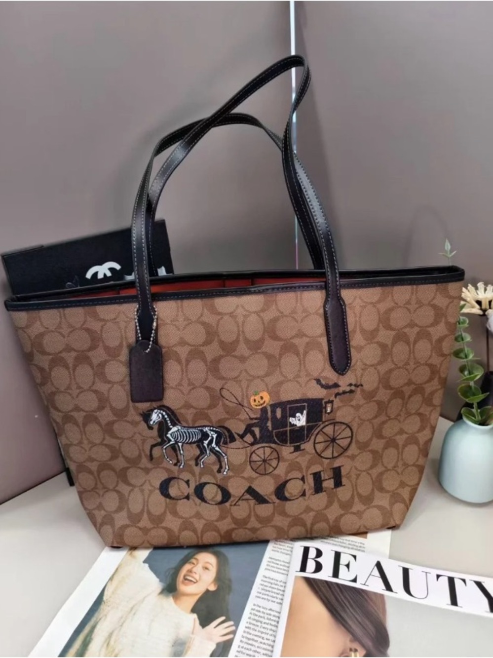 Coach Brown Signature Canvas Tote with Halloween Carriage Motif